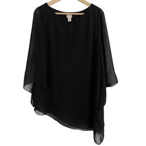 Chico's Blouse Classic Black Sheer Top Asymmetrical Poncho Layered Flowy Shirt